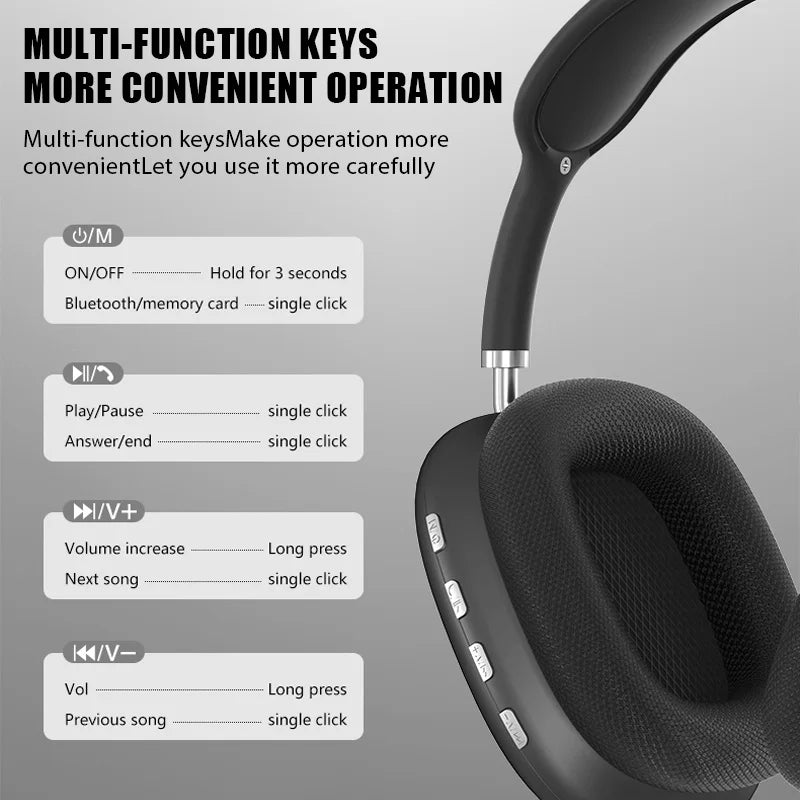 P9 Wireless Bluetooth 5.3 Over-Ear Headphones with Mic, Hi-Fi Bass, Foldable, TF/SD & AUX, For Android/iPhone